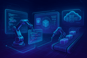 Developer using AI-powered software development tools in modern coding workspace